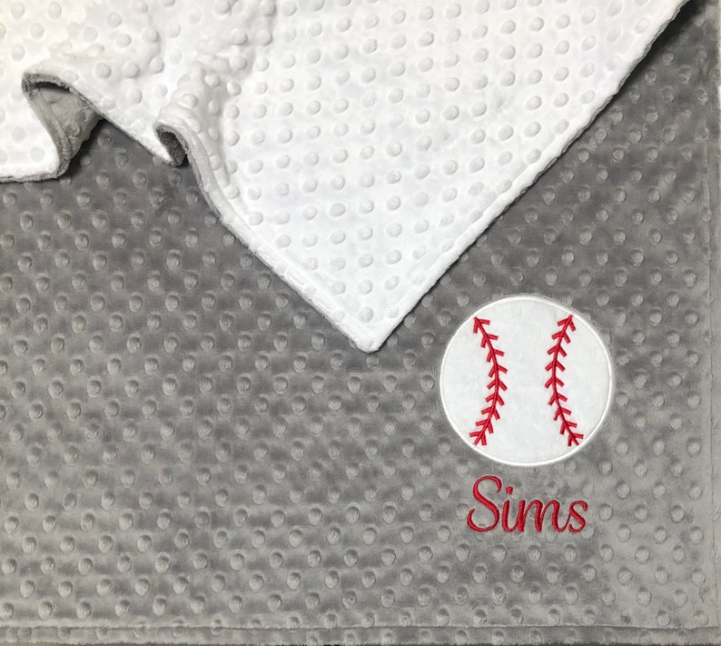 Baseball Baby Blanket, Chevron Grey and Red Minky Blanket, Personalized Baseball Blanket, Baseball Nursey image 1