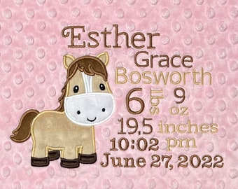 Horse Birth Stats Minky Blanket, Blush Pink Pony Birth Announcement Blanket, Custom Birth Announcement Horse Minky Birth Stats Blanket