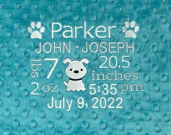 Puppy Birth Stat Blanket, Personalized Puppy Baby Blanket, Puppy Minky Blanket, Choose Your Colors Blanket