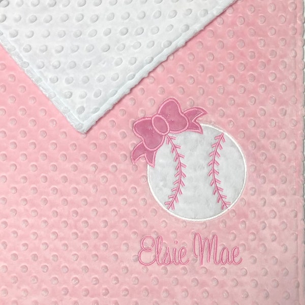 Baseball Baby Blanket, White and Pink Minky Baseball Blanket, Personalized Girl Baseball Blanket, Baseball Nursey, Custom your own colors