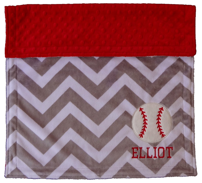 Baseball Baby Blanket, Chevron Grey and Red Minky Blanket, Personalized Baseball Blanket, Baseball Nursey image 5