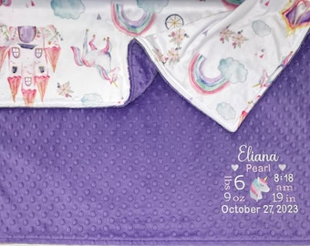 Unicorn Birth Stats Minky Blanket, Purple Unicorn Birth Announcement, Custom Birth Announcement Unicorn Minky Blanket, Princess Blanket
