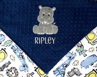 Hippo Baby Name Blanket, Personalized Plush Baby Blanket, Custom Hippo Jungle Cuddle fabric Blanket, Zoo Animal Nursey