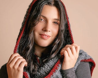 Hooded scarf woman, Knitting pattern, Scarf with hood, Grey scarf, Crochet pattern, Burgundy borders, Wool stole, Cowl shrug, Wool shawl