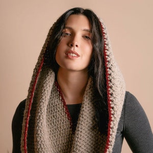 Knit hooded scarf, Infinity Scarf, Crochet pattern, Knitting Pattern, Beige Scarf, Burgundy Edge, Wool, Muffler, Stole, Neckwear