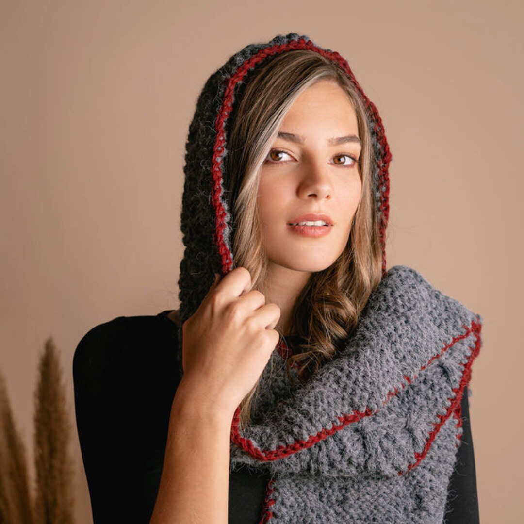Hooded Scarf Woman Knitting Pattern Scarf With Hood Grey Etsy