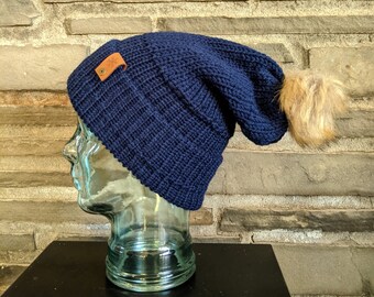 Navy hat with brown pom | warm winter hat with pom | Knit With The Wind | Forever Hat | Minimal | one size fits all