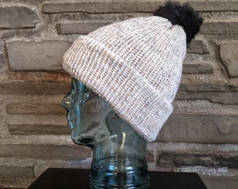 White Knit Beanie with Pom - Machine Washable