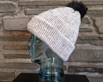 White Warm winter hat with pom | Knit With The Wind | Forever Hat | Minimal | one size fits all | machine washable