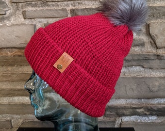 Cranberry Knit Beanie with Pom - Machine Washable