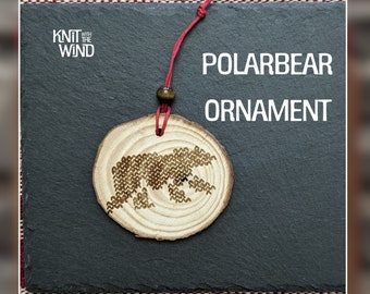 Burned polar bear wooden ornament knit stitch style