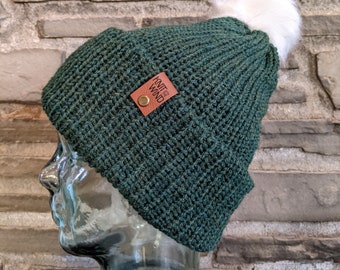 Green Warm winter hat with pom | Knit With The Wind | Forever Hat | Minimal | one size fits all | machine washable