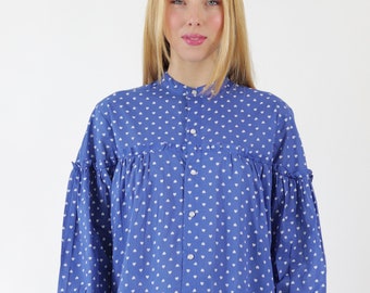 Free size  Blouse  Top  HEARTS  print  in cotton  Blue with frills  drop shoulder