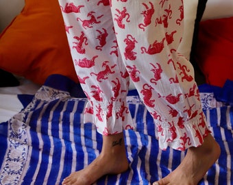 Rikkoko Victorian lounge pyjamas style  made in pure cotton with pink tigers print and frills.