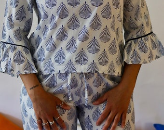 Rikkoko Victorian lounge pyjamas style  made in pure cotton with classic  leaf print and frills