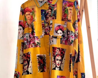 Frida Kahlo Cotton Pyjama frills Set: Yellow Portrait Print Loungewear