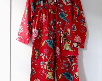 RIKKOK0 lounge pyjama made in pure cotton RED long pants and sleeves with pockets FLORAL print