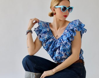 L/XL RIKKOKO Tulip Top Blouse sleeveless and frills beautifully made in cotton and flower tulip block print in blue and white