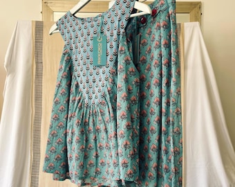 Floral Block Print Cotton Coordinate Set: Sleeveless Top & High-Waisted Pants