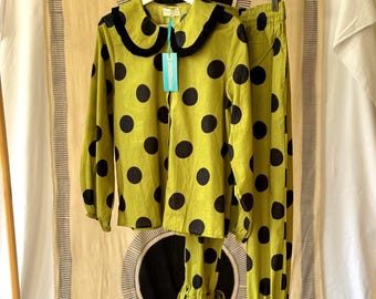 Woman Victorian Style Cotton Pyjama Set black Polka Dot  on a lime green base