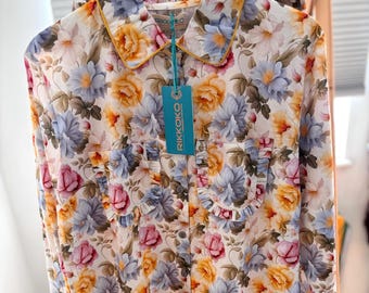 Floral Cotton Pyjama Set: Vintage Style Frills, Sky Blue & Yellow