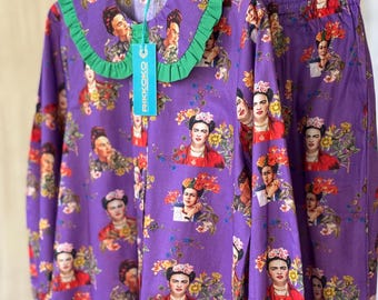 Frida Kahlo Print Cotton Pajama Set: Victorian Style Purple Loungewear