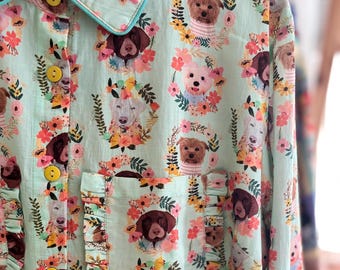 Pyjama cotton set coordinate  with frills  and pocket on quirky  DOGS PUPPY  print