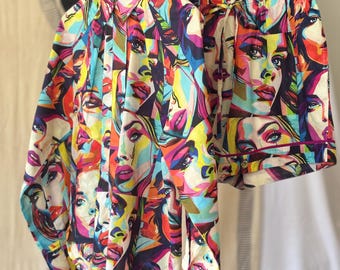 Woman shirt modern style  pop- art print multi-colours woman  in pure cotton