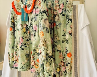 Victorian Floral Cotton Pajama Set: Sage Green & Orange Ruffle Trim