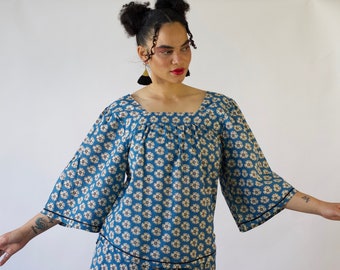 Rikkoko Boho Blouse top  in pure cotton and handmade  print on BLUE and BLACK JAPANESE  flower