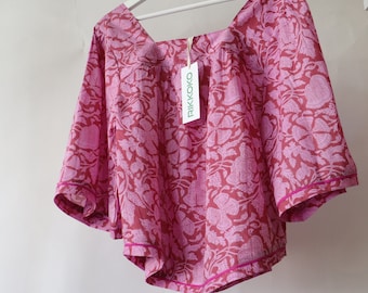 Rikkoko Boho Blouse top  in pure cotton and handmade  print on WINE PINK and  LAVANDER  flower