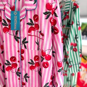 RIKKOKO lounge pyjama  cotton Pink stripes and red cherry print, long pants and long sleeves with pockets and piping on a classy style set