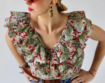 RIKKKO Tulip Top Blouse sleeveless and frills beautifully made in cotton and flower tulip block print in green and red