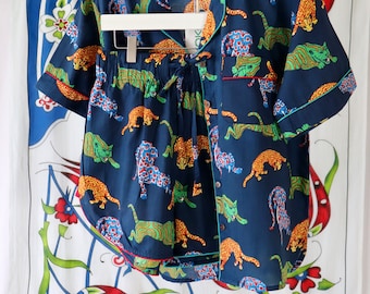 Cotton Pyjama Set: Navy Blue Panther Print, Short Sleeves and pants Loungewear