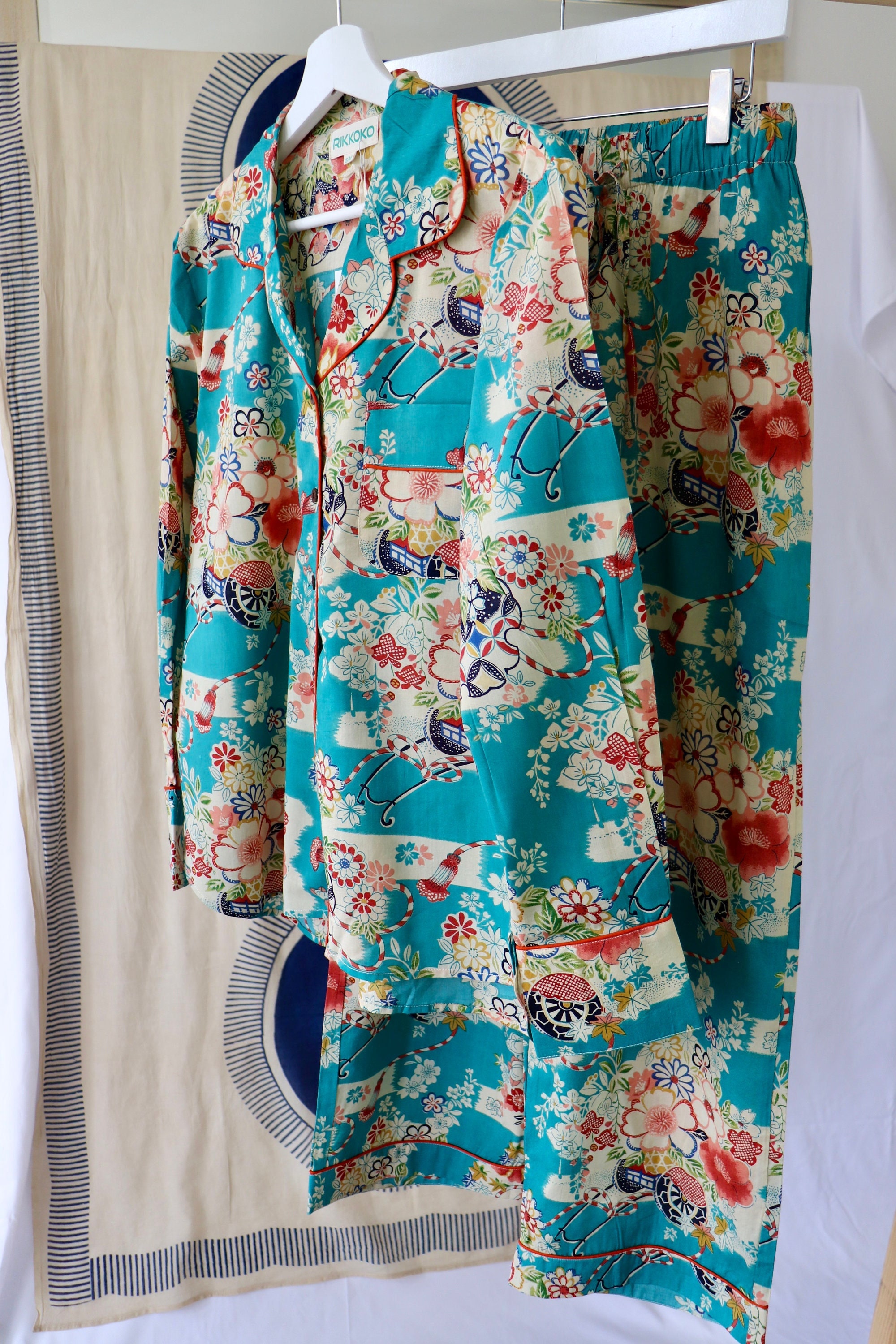 Cotton WOAMAN PYJAMA Set BLUE Sky Print Floral Japanese