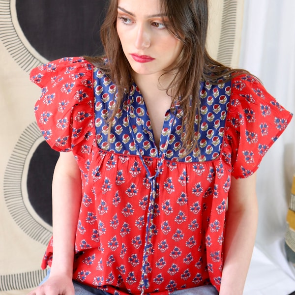 Blouse top in cotton free size frill cap sleeve   blue block print small flower