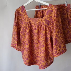 Rikkoko Boho Blouse top  in pure cotton and handmade  print on yellow gold and purple  flower