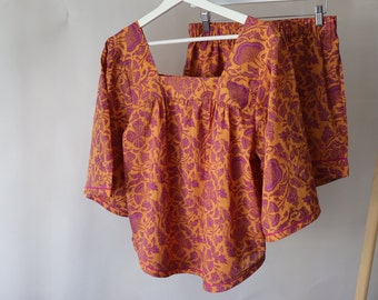 Rikkoko Boho Blouse top  in pure cotton and handmade  print on yellow gold and purple  flower