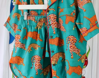 Cotton Pajama Set: Green Orange Panther Print, Short Sleeve Piped Loungewear