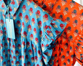Floral blouse | 100% cotton sleeveless summer block print | orange | blue | cream