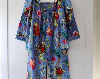 RIKKOK0 lounge pyjama made in pure cotton BLUE long pants and sleeves with pockets FLORAL print