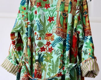 RIKKOKO lounge  Coat Gown velvet long  Frida Kahlo print cotton velvet. Aqua Green.