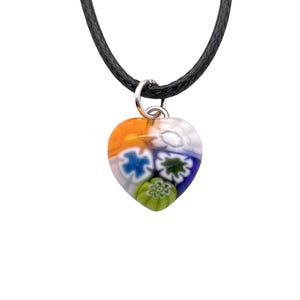 Glass Heart Pendant made using Millefiori Glass Flower Pieces, Murano Millefiori Heart Pendant with Necklace, Dainty 13mm/1.3cm (MHT6)