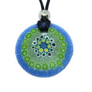 Glass Pendant, Hand Selected Genuine Murano Glass Piece made with Millefiori Flowers on a Silk Cord Necklace, Venetian Glass, 4cm Diameter