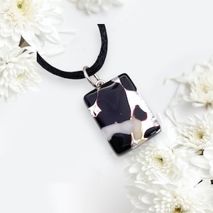 Glass Pendant, Hand Selected Genuine Murano Glass Piece on a Silk Cord Necklace, Black on Silver Leaf, Venetian Glass, 2cm x 1.5cm (MGPP7)