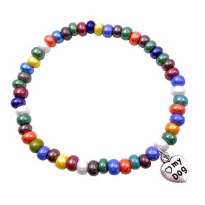 Glass Bracelet, Beaded Bracelet made using dainty 5mm Murano Glass Beads, Multi-Coloured Elasticated Stretch Bracelet with Dog Charm (MGBR4)