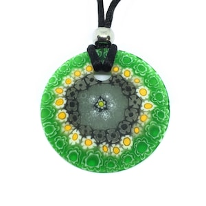 Glass Pendant, Hand Selected Genuine Murano Glass Piece made with Millefiori Flowers on a Silk Cord Necklace, Venetian Glass, 4cm Diameter