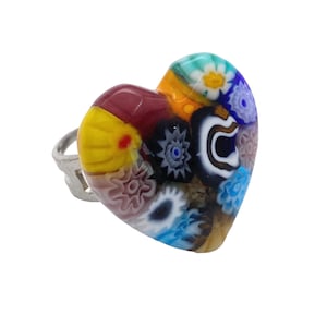 Glass Ring, Heart ring made using a genuine piece of Murano Glass, Millefiori Ring, Adjustable Ring, One Size Fits All, Flower Ring, 2.2cm