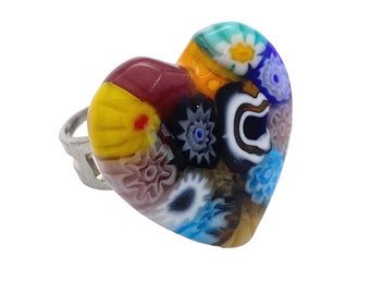 Glass Ring, Murano Glass Ring, Heart Ring, Millefiori Ring, Venetian Glass, Handmade Glass Ring, Murano Glass Jewellery, Venice Italy, 2.2cm