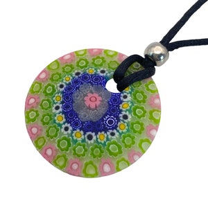 Glass Pendant, Hand Selected Genuine Murano Glass Piece made with Millefiori Flowers on a Silk Cord Necklace, Venetian Glass, 4cm Diameter